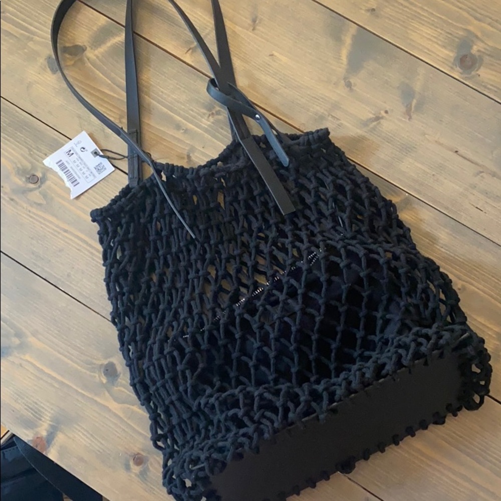 Zara black woven tote bag